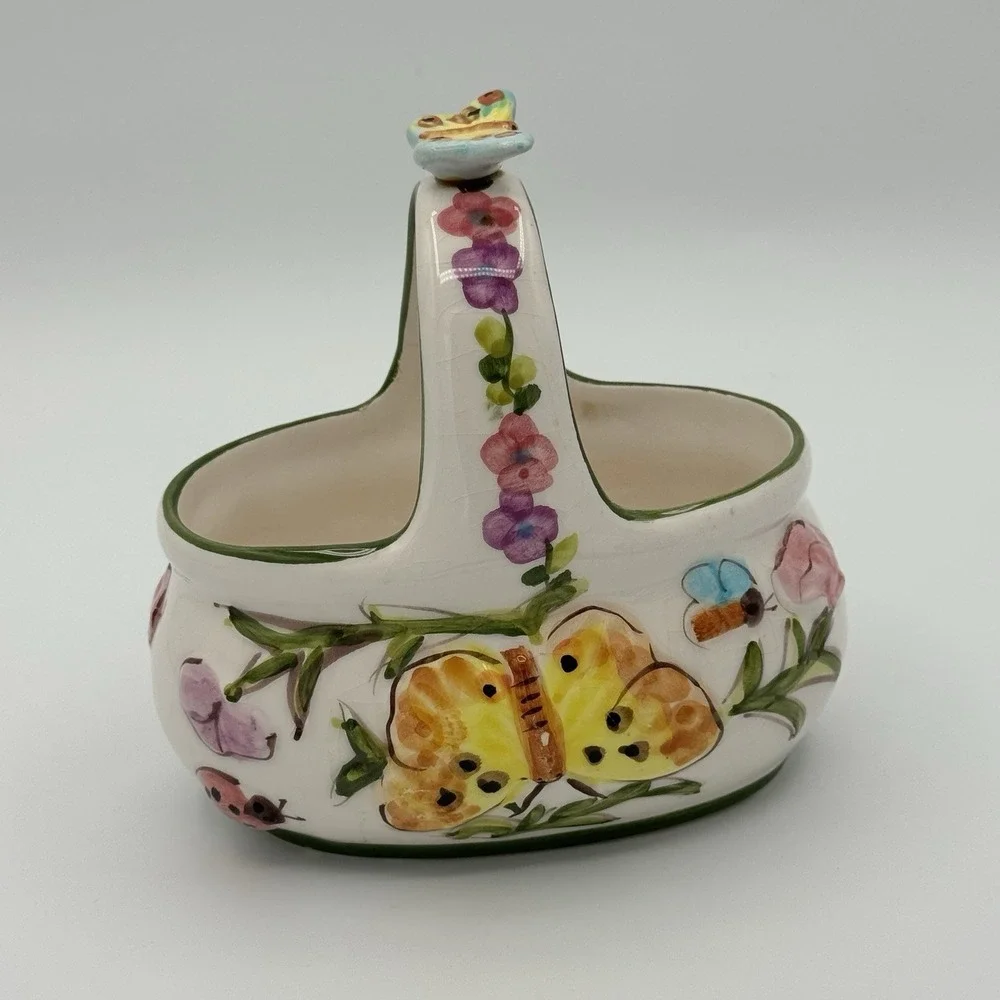Vintage Ceramic Butterfly‎ Basket Planter Candy Dish Floral Hand Painted
